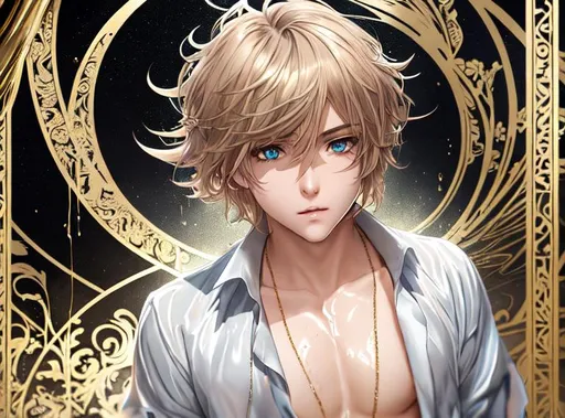 ombré heterochromia short hair young anime boy, wet