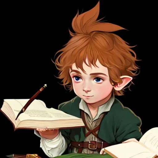 Prompt: Curios male hobbit with book and Quill