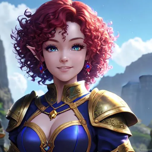 Prompt: oil painting, D&D fantasy, Blue-skinned-human girl, Blue-skinned-female, slender, elf ears, beautiful, short bright red hair, curly hair, smiling, pointed ears, looking at the viewer, Ranger wearing intricate adventurer outfit, #3238, UHD, hd , 8k eyes, detailed face, big anime dreamy eyes, 8k eyes, intricate details, insanely detailed, masterpiece, cinematic lighting, 8k, complementary colors, golden ratio, octane render, volumetric lighting, unreal 5, artwork, concept art, cover, top model, light on hair colorful glamourous hyperdetailed medieval city background, intricate hyperdetailed breathtaking colorful glamorous scenic view landscape, ultra-fine details, hyper-focused, deep colors, dramatic lighting, ambient lighting god rays, flowers, garden | by sakimi chan, artgerm, wlop, pixiv, tumblr, instagram, deviantart