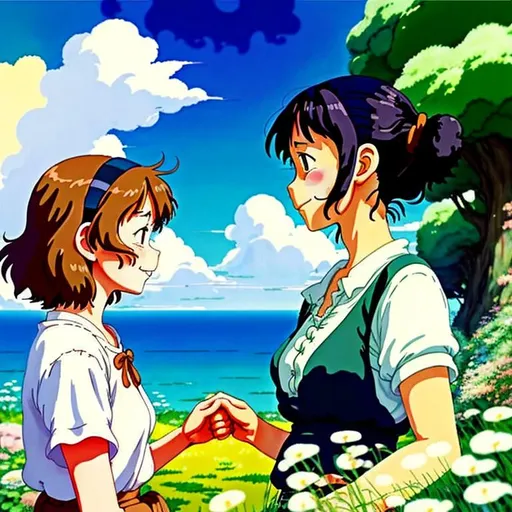 Prompt: Ghibli lesbian summer, Ghibli, nostalgic, wholesome, happy, fun, whimsical 