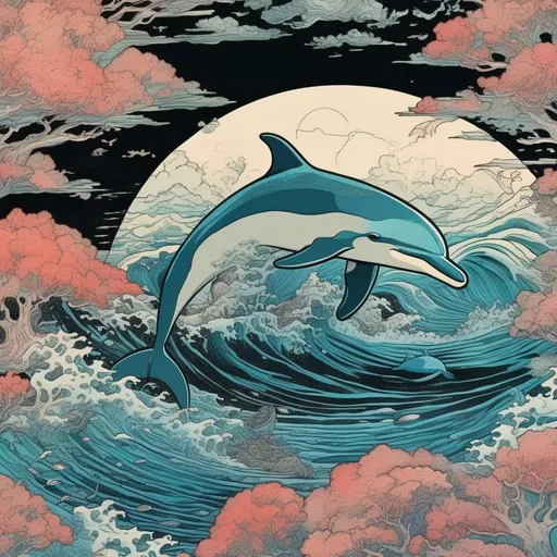 Prompt: realistic pastel colored photograph, corals and a giant dolphin , bold comic book black pen outline, soft pastel colors, closeup, illustrative realism, in the style of pen and ink  , woodblock print by Hokusai  ,by Victo Ngai
