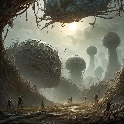 Prompt: fantasy art style, dystopian, biological mechanical, ants, fire ants, giant ants, bullet ants, aliens, outer space, ant nest, underground 