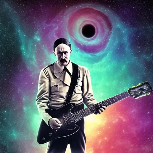 Prompt: hitler playing guitar in an alien shopping mall, infinity vanishing point, spiral galaxy background