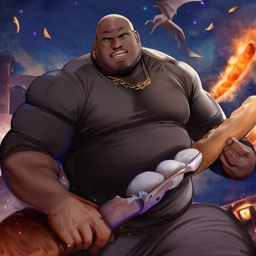 Prompt: death but fat and fighting a demon in heaven while holding a baguette and shaquille o neal is watching 