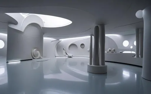 Prompt: futuristic minimalist Museum Room, surreal, coherent composition, architecturally accurate, architecture photography, 8 k. Futuristic Interior like in the movie Dune from Denis Villeneuve. Clean, beige, Creme, white Tones and Shades. Filled with modern Art and artefacts.