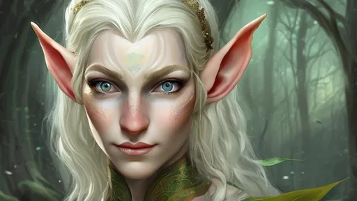 Prompt: painting of older elf woman with a kind face, fine features, blonde hair, pale skin, green eyes, portrait, digital art