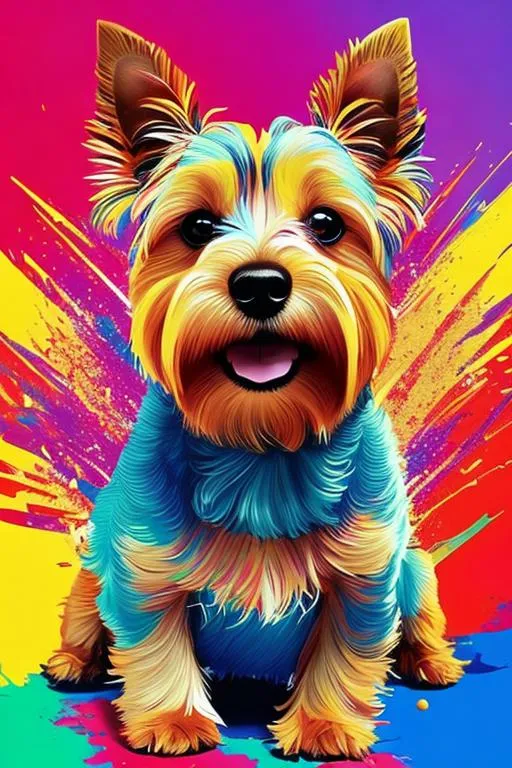 Prompt: ((Australian terrier dog)), Colorful, Fun, Lively, Upbeat, Pop art, Vibrant, Digital illustration, Artstation, by alice x, zhang and babs tarr, summer vibes, sun-kissed, trendy fashion, highly detailed