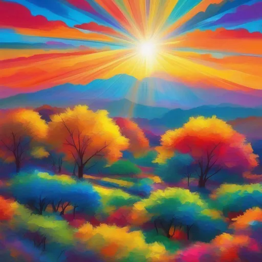 Prompt: A landscape of vibrant colors. Sunbeams
