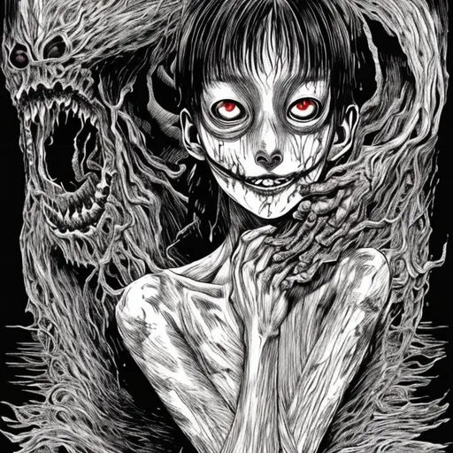 Prompt: Junji Ito, beautiful woman disturbed, monster

