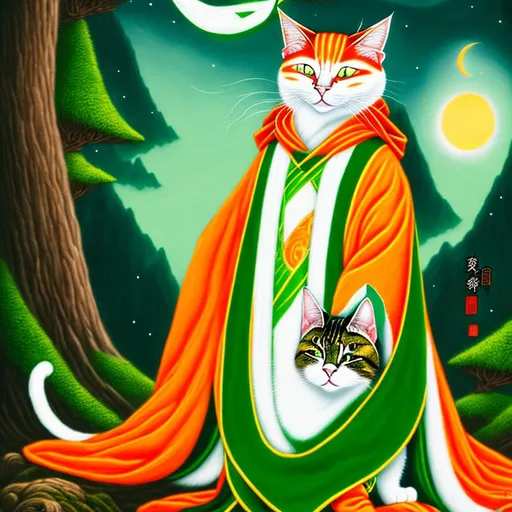 Prompt: Male cat sorcerer character wearing a long white and green Japanese traditional outfit with a hood with cat ears, her red hair falls over her small body resting on the edges of the hood, she has orange eyes.
standing in a forest