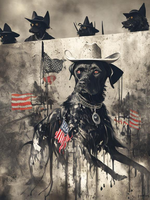 Surreal, abstract art of black dogs in gangster outf...