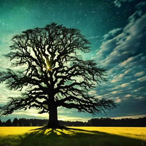 Prompt: Big old tree in the middle a green meadow with dark blue sky