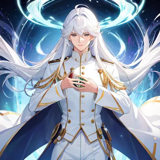 Prompt: buetiful man with a white uniform and whithe hairs a cicatrice and a magic orbe((really sexy))