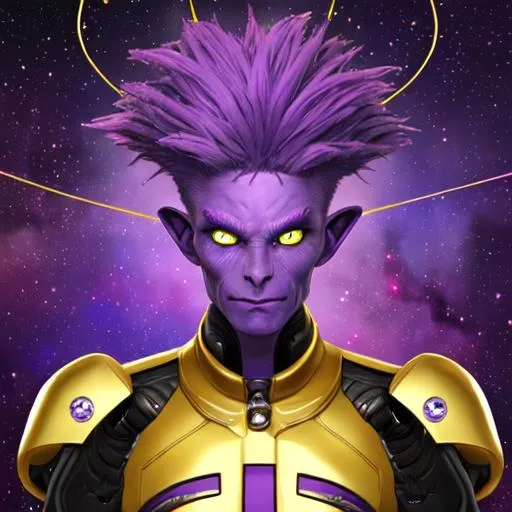 Prompt: A high quality alien man with purple skin and purple hair and yellow eyes, wears a uniform, surrounded by stars, a golden string dances around him, science fiction, beautiful, colorful, handsome, photorealistic face