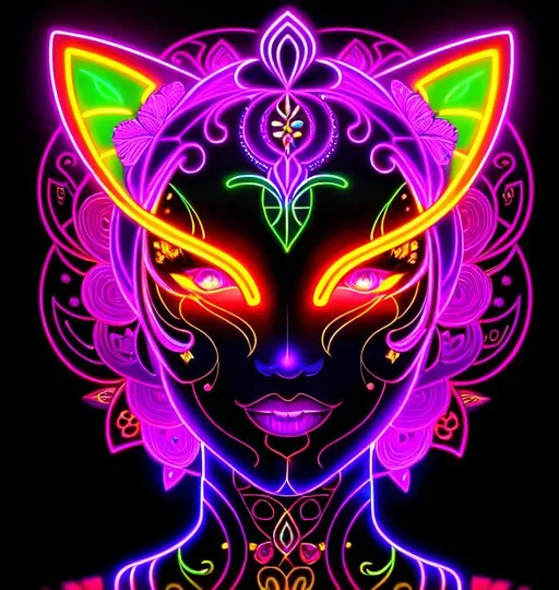 Prompt: neon, twisted and bent floral patterns, hieroglyph, glitch art, face symmetry, masterpiece, award - winning, sharp focus, intricate concept art, ambient lighting, 8 k, artstation, pixiv, cat