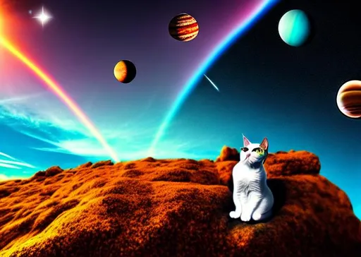 Prompt: long shot scenic professional photograph of {scenery}, perfect viewpoint, highly detailed, wide-angle lens, hyper realistic, with dramatic sky, polarizing filter, natural lighting, vivid colors, everything in sharp focus, HDR, UHD, 64K, a cat in space surrounded by planets