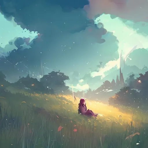 Prompt: scenery of someone chilling on a field hope by loish warm colors