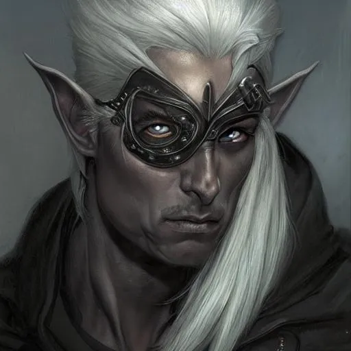 Prompt: a portrait of a dark drow elf male, warrior medium length white hair, young adult, eye patch, charcoal skin, stern, style by donato giancola, wayne reynolds, jeff easley dramatic light, high detail, cinematic lighting, artstation, dungeons and dragons