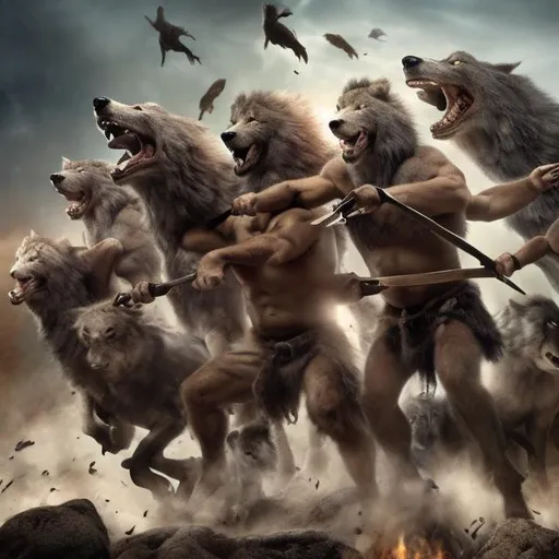 Prompt: our tribe of cavemen retreat our wolves from the pack of hungry woolly lion behemoths