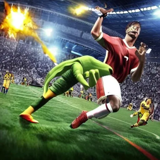 Prompt: hyper realistic, 2K, a footbal game where the best footballers in the world play against aliens
