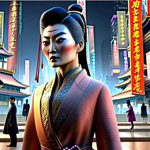 Prompt: A captivating image emerges - an Asian woman donning a unique fusion of Eastern and Western attire. Her necktie adds a touch of formality, while her overcoat robe makes her outfit look like a business suit. She radiates strength, resembling a modern-day terra cotta warrior. The scene is set amidst the backdrop of futuristic Chinese buildings, evoking a realistic and picturesque landscape. The photograph captures the essence of this intriguing blend, inviting viewers to delve deeper into the fusion of cultures.