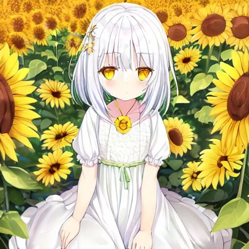 Prompt: cute small girl with sun flower white medium hair amber eyes green dress cute