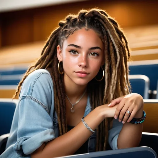 Prompt: girl seated in college auditorium, (18 years old), intricate (dreadlocks) hairstyle, darker mixed race warm (tan) freckled skin tone, shy and embarrassed trying to be hard and tough face, detailed facial features including (freckles and beauty marks), adorned with (rings on fingers), (high quality), vibrant atmosphere enhancing youthful energy, crisp details, focus on intricate textures of skin and hair, ultra-detailed and realistically captured scene.