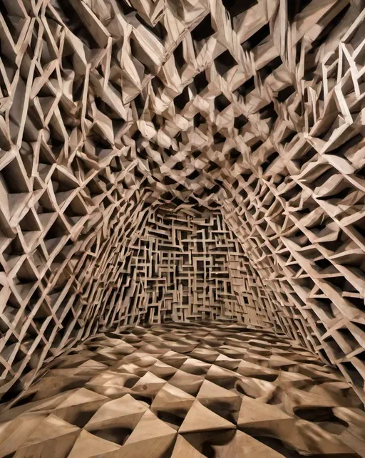 Prompt: ((Interwoven Dreams)) presented through a plywood installation, exploring the interplay of shapes and (shadows:1.3). Use a wide-angle lens with a ((Canon EOS RP)) for immersive shots. Engage in the artist's geometric reverie. In the style of Artist ((Ai Weiwei)).