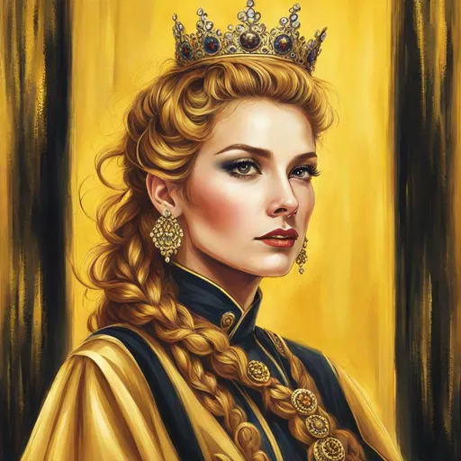 Prompt: Queen bee-A beautiful woman with thick, full honey golden hair arrainged in a top knot behind a gold tiara. Amber colored eyes, gown in colors of yellow and black, facial closeup