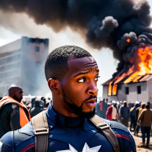 Prompt: a man in a captain america suit, disappointed when he couldn't save a burning building full of migrants