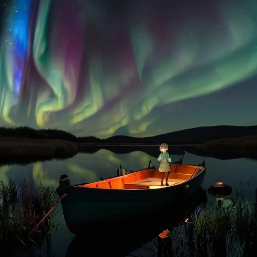 Prompt: Aurora made up of a mixture of blue, white, red and green dancing across the night sky, above a marsh with a small wooden boat. In the boat, there stands a little boy holding a lamp, gazing at the night sky.