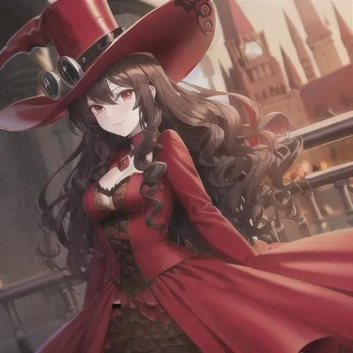 Prompt: adventurer, stylish red dress and elaborate hat, dark, curly styled hair, closeup, steampunk, alucard, vampire, hidden horrors