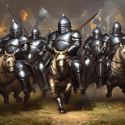 Prompt: Oil painting of fat black man with knights armor fighting in battle