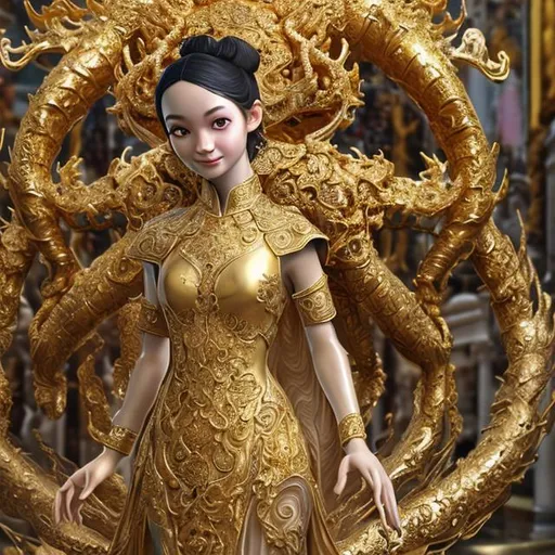 Prompt: A highly detailed ((full-length shot) (gold marble sculpture statue) of a (woman with). ((+Hyperrealistic)), (+dress), +concept art, +low shot, ((+intricately detailed, +highly detailed)), +dramatic, +side light, +plain background, +caring, +happy, +smiling, +aodai vietnam, dragon