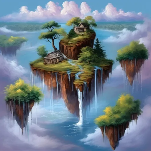 Prompt: oil paint, floating islands in the sky, river water falling down,  fine details, bob ross, muted colors