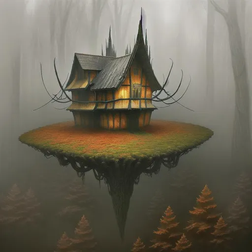 Prompt: surreal concept art of a strange winged cabin flying in an autumnal forest, foggy, gloomy, lots of details, intricate scene, correct, digital painting, fine tuned,  64k