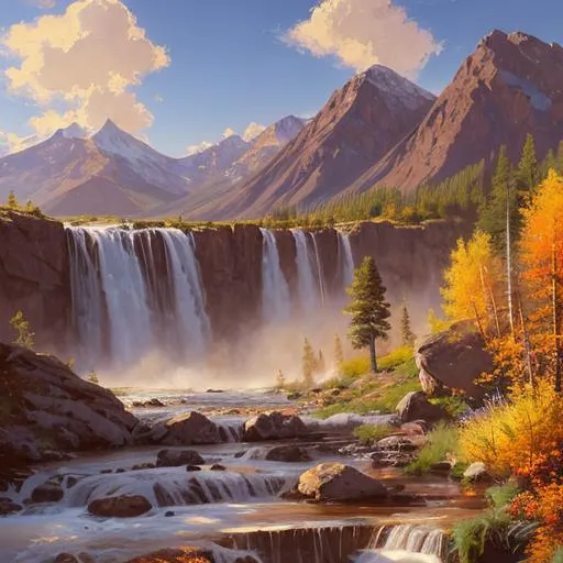 Prompt: Colorado, landscape, sunny, waterfall, warm colors, cinematic, Artstation trend, 8k, peder mork monsted