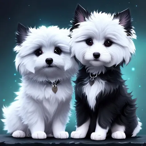 Prompt: two chibi fluffy puppies wearing cool Halloween costumes, one puppy is black and the other puppy is white, on a blood moon Halloween night, autumn forest colors, sparkling eyes, embers in eyes, shining eyes, sharp features, fireflies, highly detailed, digital painting, trending on Artstation, concept art, smooth, sharp focus, beautiful fur, expressive eyes, illustration, art by Artgerm and inspired by Greg Rutkowski and Alphonse Mucha