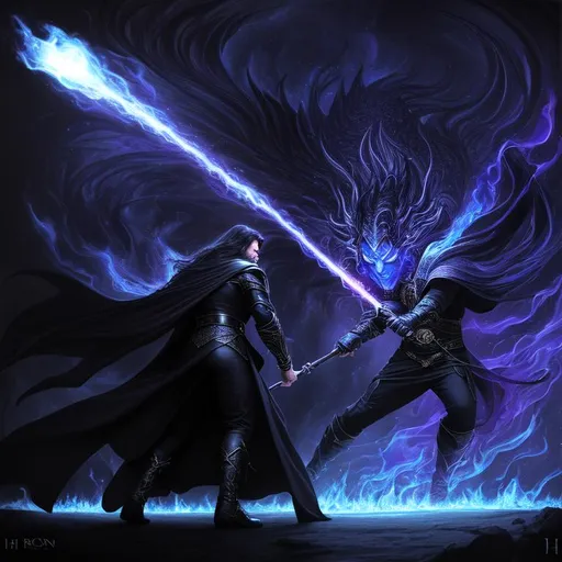 Prompt: front view of male sorcerer battling a demon, fire, chaotic energy, protection, aura, alchemy, several amulets, dark clothing, black jacket, long flowing hair, realistic eyes, vivid colors, masterpiece, art by HR Giger, dark contrast, 3D lighting, nighttime in the heavens, background