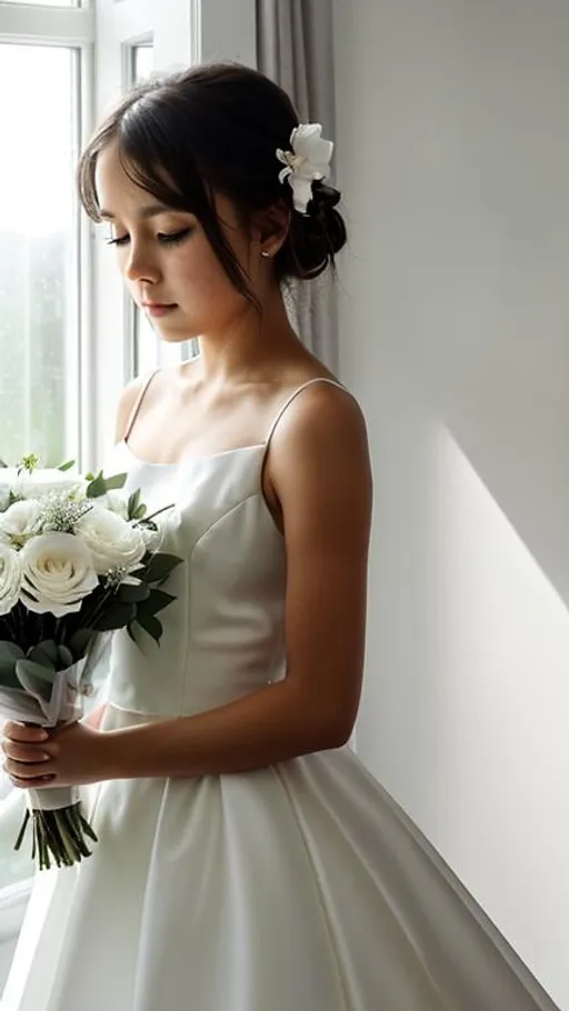 Prompt: This picture shows a girl looking in a mirror. She is wearing a white dress and holding a bouquet of flowers in her hands. Her face expresses thoughtfulness and sadness. Behind her, you can see a window through which sunlight pours. This picture reminds us that our reality is a reflection of our inner world. We see the world as we perceive it. If we see beauty and harmony in it, then we will feel happy. If we see only shortcomings and problems, then our life will be full of disappointments and misfortunes. The mirror is a symbol of our consciousness. It reflects what we think and feel. If we want to change our lives for the better, then we need to start by changing our consciousness. We must learn to see the world as it really is, and not as we want it to be. In general, this picture reminds us of the importance of our inner world and how it affects our lives. aware and attentive to our thoughts and feelings in order to create the life we really want.