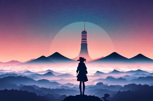 Prompt: Multiple layers of silhouette {Tokyo city}, with silhouette of {Sailor Moon's Moon}, sharp edges, at starry dawn, with fog in air, vector style, horizon silhouette Landscape wallpaper by Alena Aenami, firewatch game style, vector style background