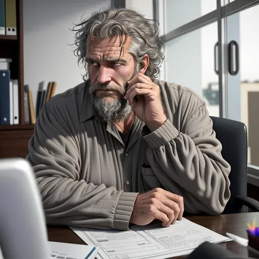 Prompt: long shot, wide-angle lens, 3D, HD, Sleepy, Haggard, Dark freeform chaos, "Viewed from the far end of his extremely roomy office there a slightly heavy grizzled middle-aged man with a weathered face and short graying hair and dressed in a wrinkled suit seated at his desk and working with his computer on a Monday evening in a dimly lit office.  He is so extremely tired and his eyes are irritated red.  There is a cup of coffee near his keyboard and a few crumbs on his desk that were left behind by something he was eating.  His desk is cluttered and messy.  He is seated in a black leather office chair.  He might fall asleep if he closed his eyes", Expansive corporate office background,  hyperrealistic, ultrafine details, perfect point of view, 64K --s98500