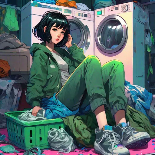Prompt: "A girl with short dark hair laying with her feet on the top of the inside of a washing machine, full body concept art, grunge aesthetic, anime key visual, oversized clothes, junk, clutter, high top sneakers, mostly green and blue gray, by Koyoharu Gotouge and Junji Ito"
"Beautiful digital painting, neon colors, dramatic lighting, 8k resolution, smooth, sharp focus, 64 megapixels, perfect face, hyper detailed"