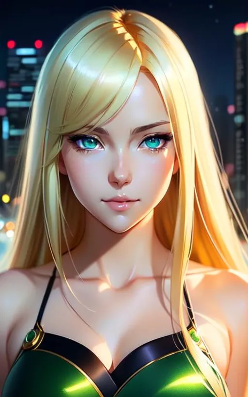 Prompt: Photo of woman with fair skin, smooth soft skin, big dreamy green eyes, beautiful straight blonde hair, symmetrical, anime wide eyes, soft lighting, detailed face, by Makoto Shinkai, Stanley Artgerm Lau, Wlop, rossdraws, concept art, digital painting, looking into camera against a night city background