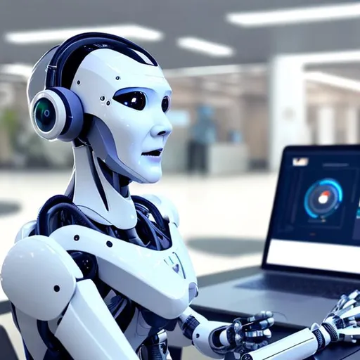 Prompt: produce an image of an ai robot sitting in front of a laptop with a headset on answering customer questions
