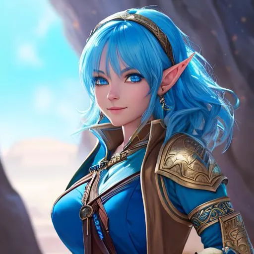 Prompt: oil painting, D&D fantasy, Blue-skinned-human girl, Blue-skinned-female, slender, elf ears, beautiful, short bright blue hair, wavy hair, smiling, pointed ears, looking at the viewer, Ranger wearing intricate adventurer outfit, #3238, UHD, hd , 8k eyes, detailed face, big anime dreamy eyes, 8k eyes, intricate details, insanely detailed, masterpiece, cinematic lighting, 8k, complementary colors, golden ratio, octane render, volumetric lighting, unreal 5, artwork, concept art, cover, top model, light on hair colorful glamourous hyperdetailed medieval city background, intricate hyperdetailed breathtaking colorful glamorous scenic view landscape, ultra-fine details, hyper-focused, deep colors, dramatic lighting, ambient lighting god rays, flowers, garden | by sakimi chan, artgerm, wlop, pixiv, tumblr, instagram, deviantart