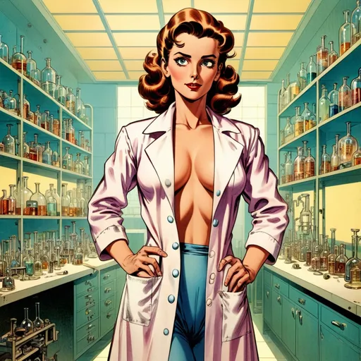 Prompt:  a full body bare breasted Spanish woman with beautiful eyes loosely wearing a lab coat made of angelite, she is feeling pleasure, in the style of Jack Kirby and Wally Wood, 1940s vintage comic, faded colors, intricate detailed laboratory interior, intricate eye details, beautiful colors, high quality, bare breasted woman, detailed anatomical features, elegant, intricate laboratory background, faded colors, inviting pose, professional, atmospheric lighting