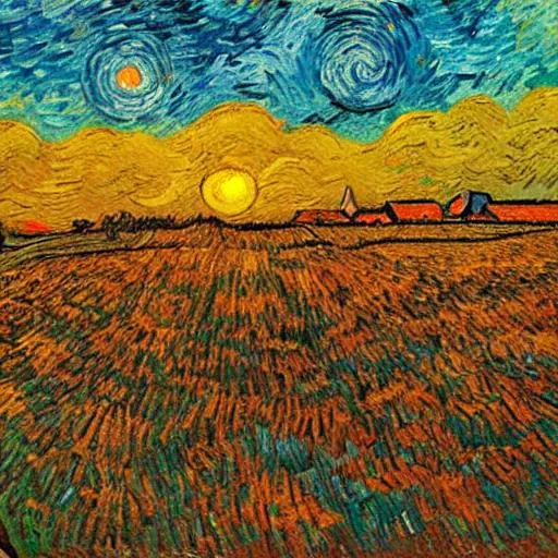 Prompt: Van Gogh Orange Sunset over Wheat Field