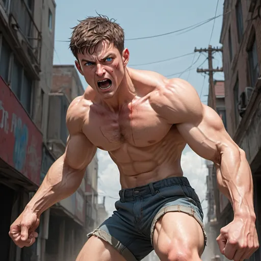 Prompt: A muscular young man is bare chested, his muscles standing out like steel cables. He's berserk, his blue eyes bloodshot and his short brown hair unkempt. His skin is pale. He is leaping forward, preparing to throw a punch. He is wearing cargo shorts.