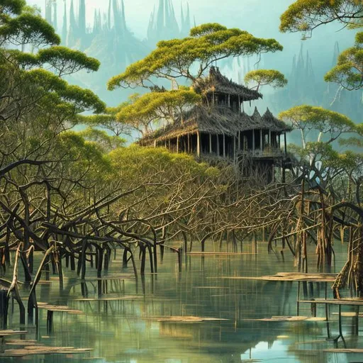 Prompt: Landscape painting, mangrove, ancient, sunken building, dull colors, danger, fantasy art, by Hiro Isono, by Luigi Spano, by John Stephens